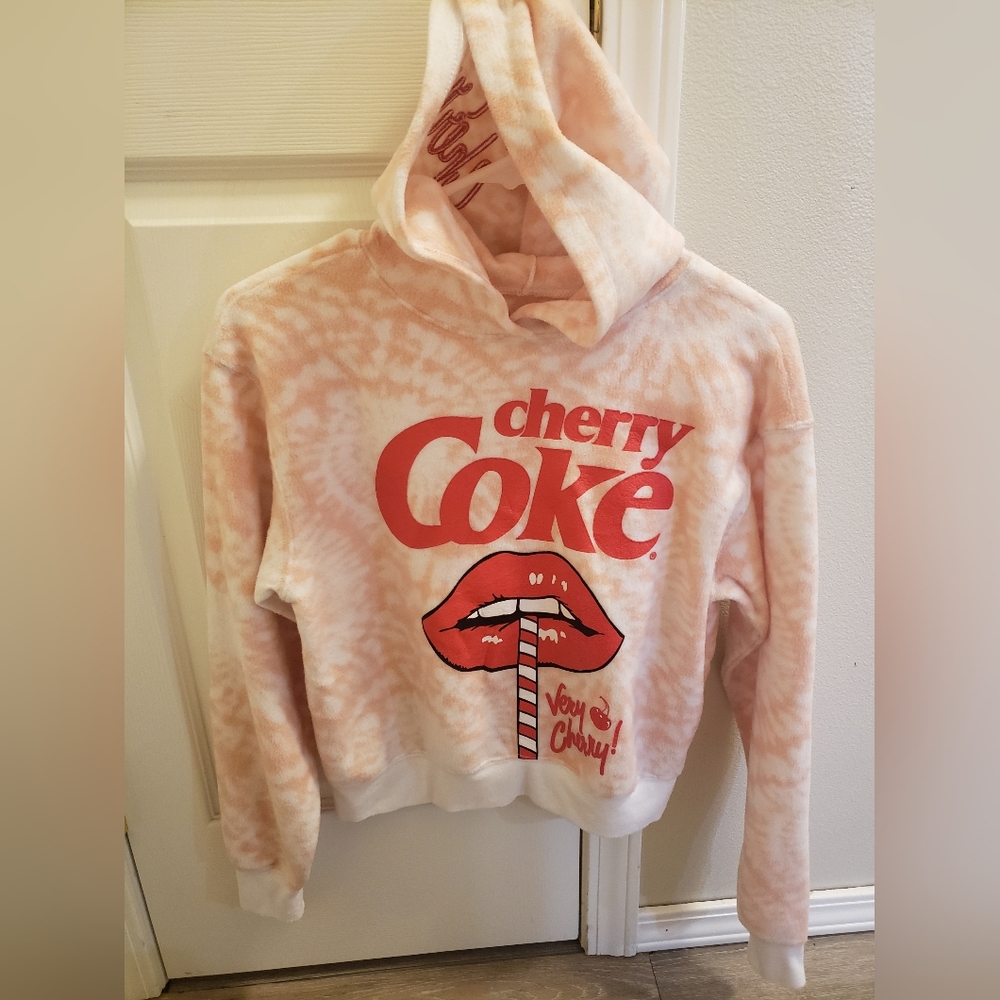 Cherry Coke Tie Dye Hoodie Pink and White with Red Bold letters design Size Smal